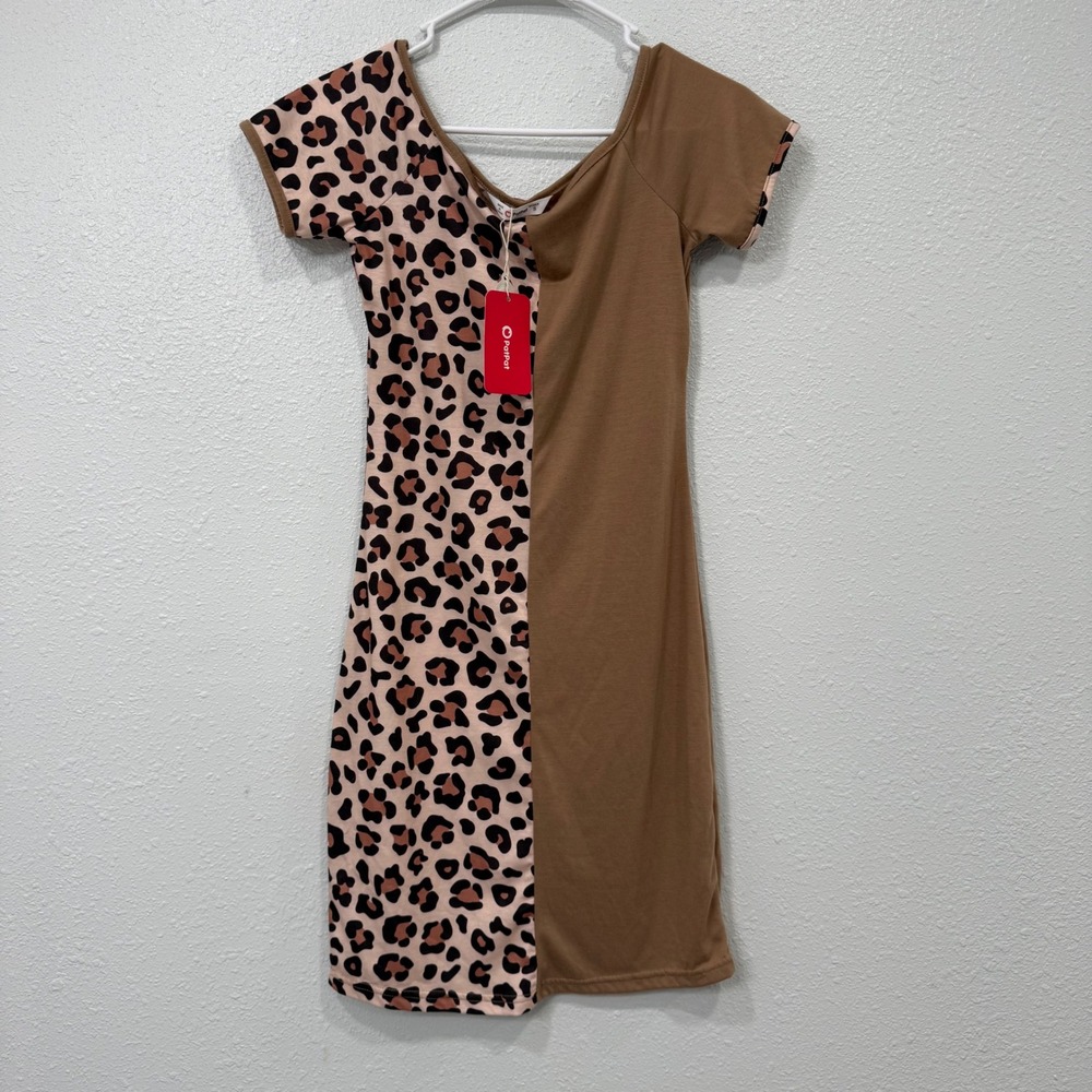 PatPat Womens Leopard Print Split Bodycon Mini Dress Tan Brown Short Sleeve S